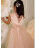 Pearls Neck Champagne Satin Tulle Ankle Length Flower Girl Dress